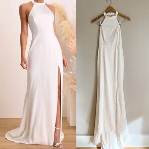 Radiant Adoration White Satin Lace Backless Halter Maxi Dress